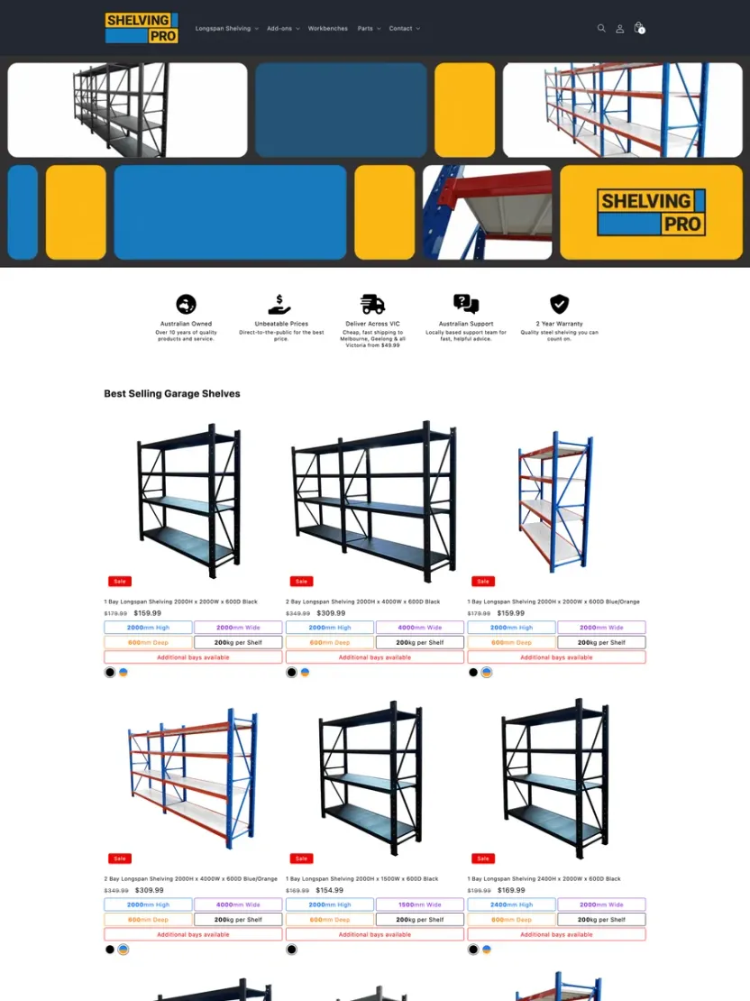 Screenshot of Shelving Pro (shelvingpro.com.au)